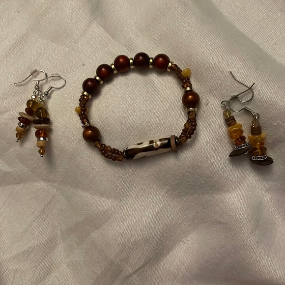 Handmade Earth Tones Jewelry Set 1 Bracelet 2 Pair Earrings Upcycled & New Beads - Picture 1 of 5